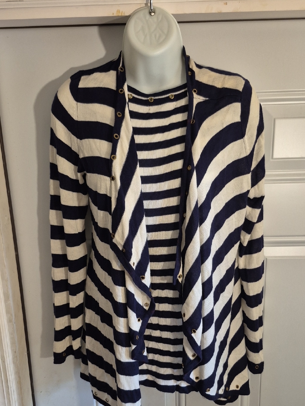 Striped Button-Accent 2 Piece Open Cardigan - Navy & White